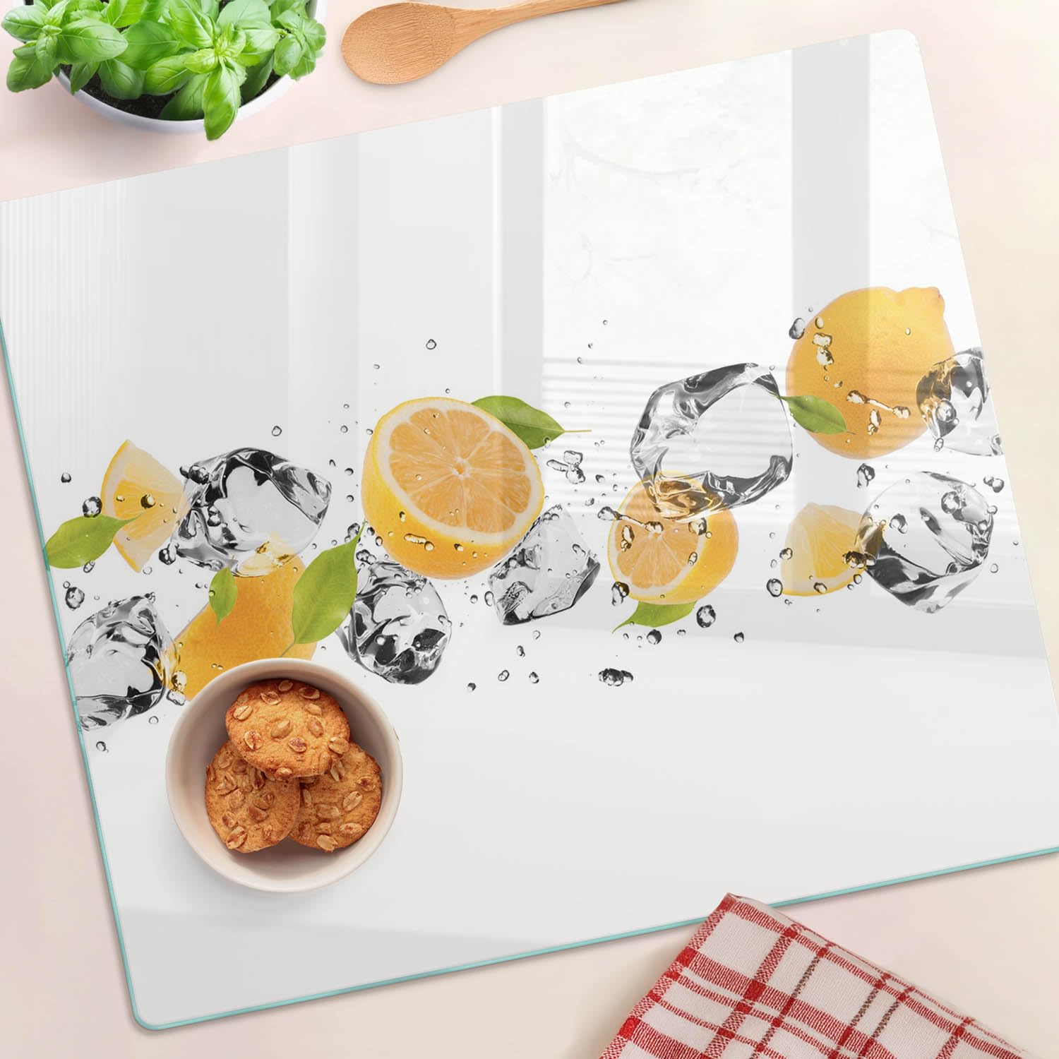 Tagliere in Vetro 60x52 cm Facile da Pulire Rettangolare con Stampe da Cucina Antigraffio Durevole e Igienico con Piedini Antiscivolo Resistente al Calore - Limone e acqua