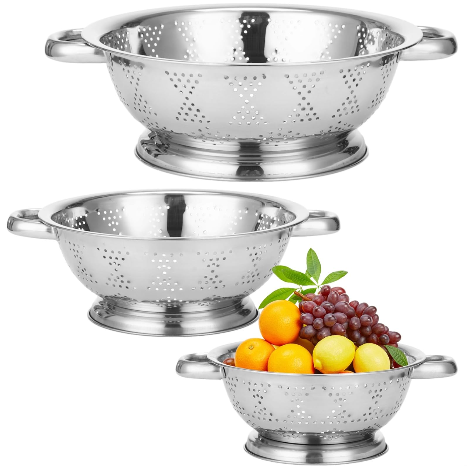 Küchensieb-Set, Edelstahl, 3-teilig, mehrere Größen: 20 cm, 24 cm, 27 cm, 27 cm, Spiegel-Finish, Doppelgriffe, stabiler Boden