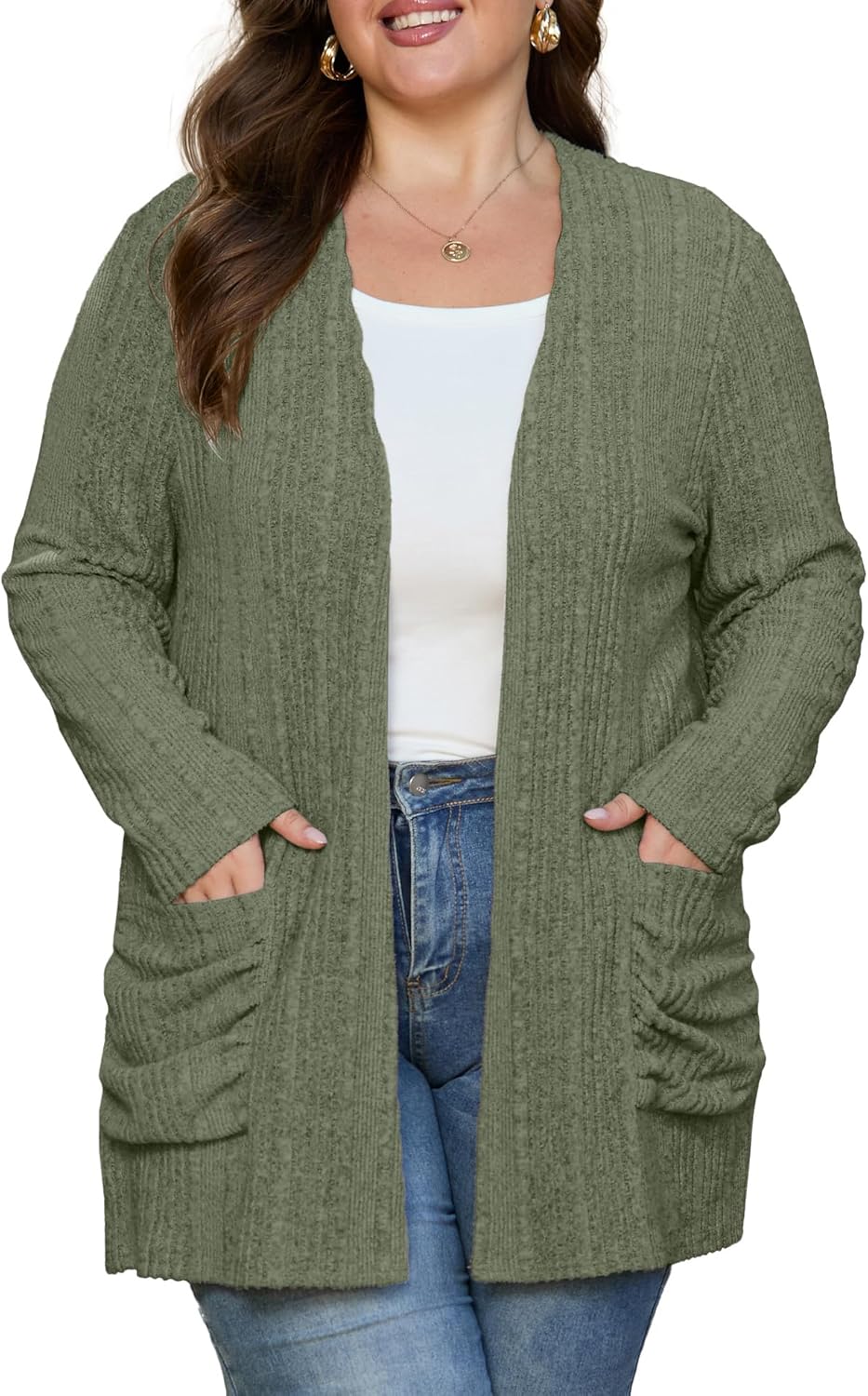 OLRIK Plus Size Cardigan for Women Lightweight Soft Knit Stretchy Open Front Long Sleeve Sweater with Pocket Fall Outfits