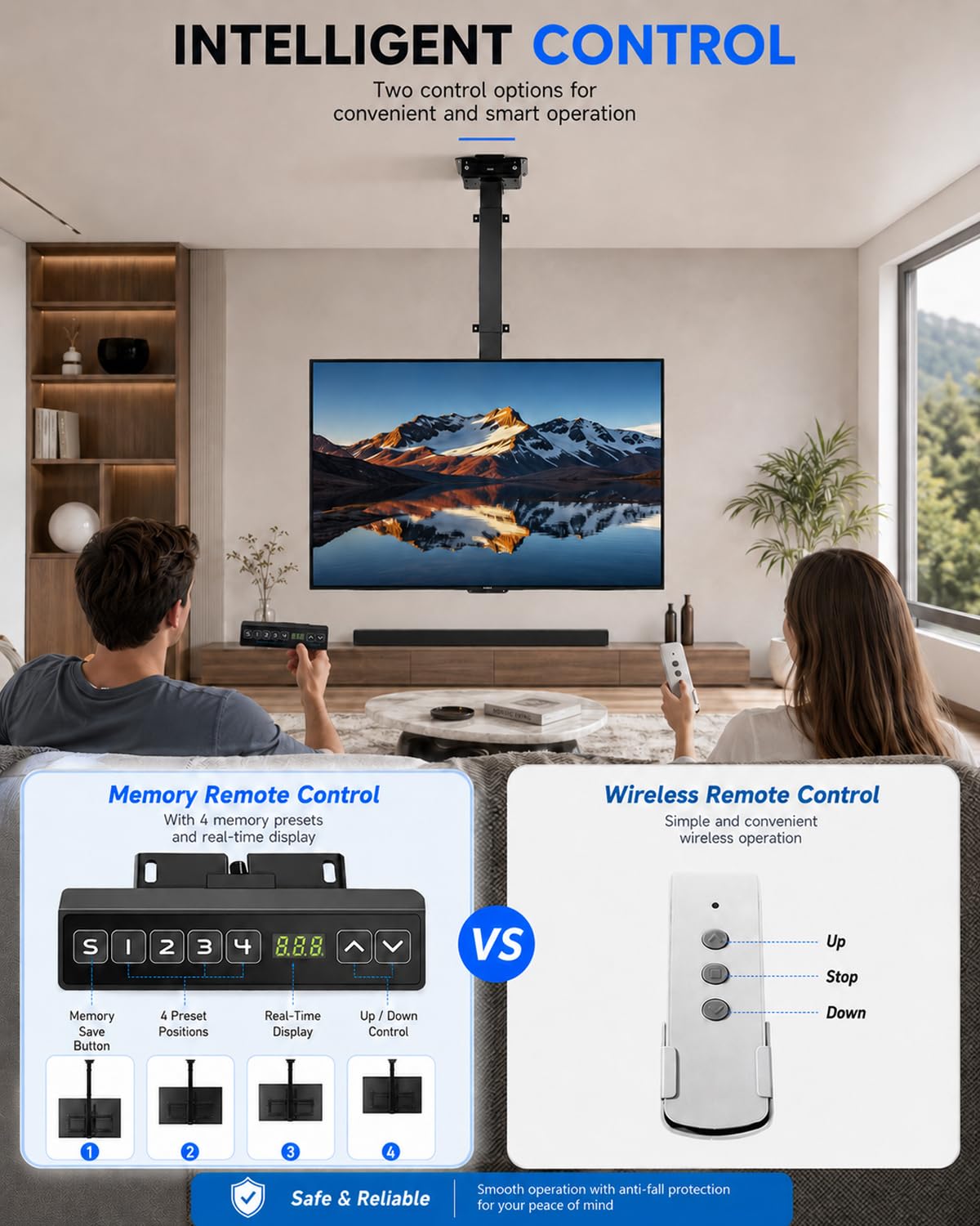 Soporte TV Motorizado de Techo 32-70", 3 Giro Manual de 360° | Elevación eléctrica, 3 Secciones Telescópicas, mando a distancia, 4 memorias, carga de 60 kg y VESA 75x75-600x400 mm
