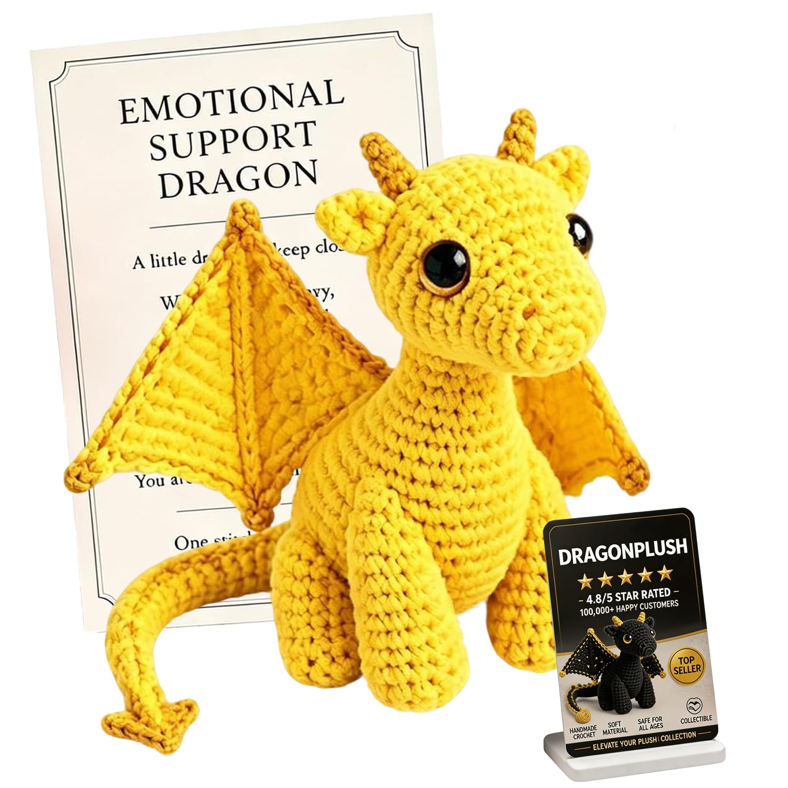 Emotional Support Dragon Pocket Buddy, Handmade Cute Plush Stuffed Dragon with Encouragement Card, Emotional Positive Crochet Gift (Yellow)