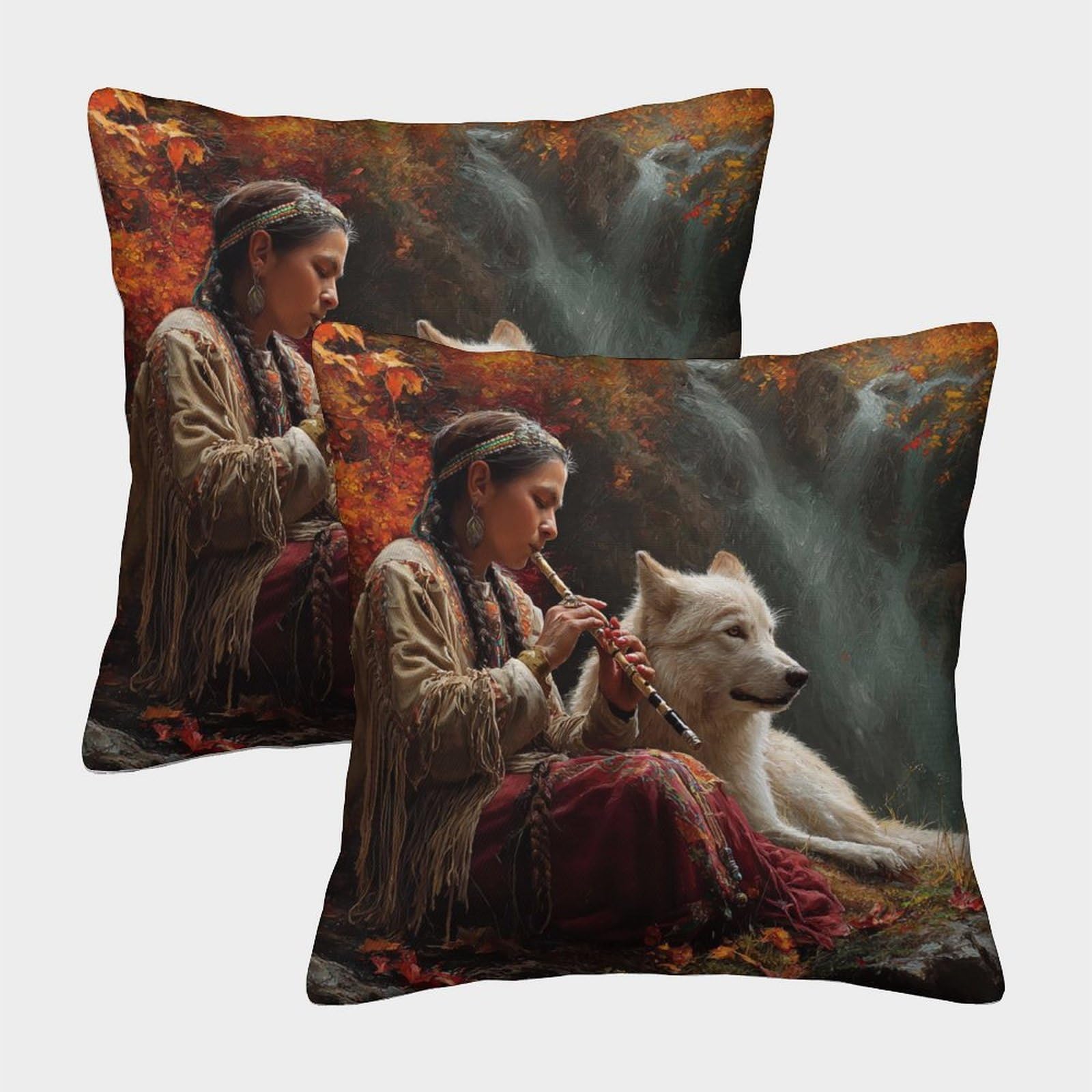 kaiyun 2 Pack Native American Plays Flute with Her Wolf Dog 3D Image Printed Single-sided Cushion Cover 45x45cm