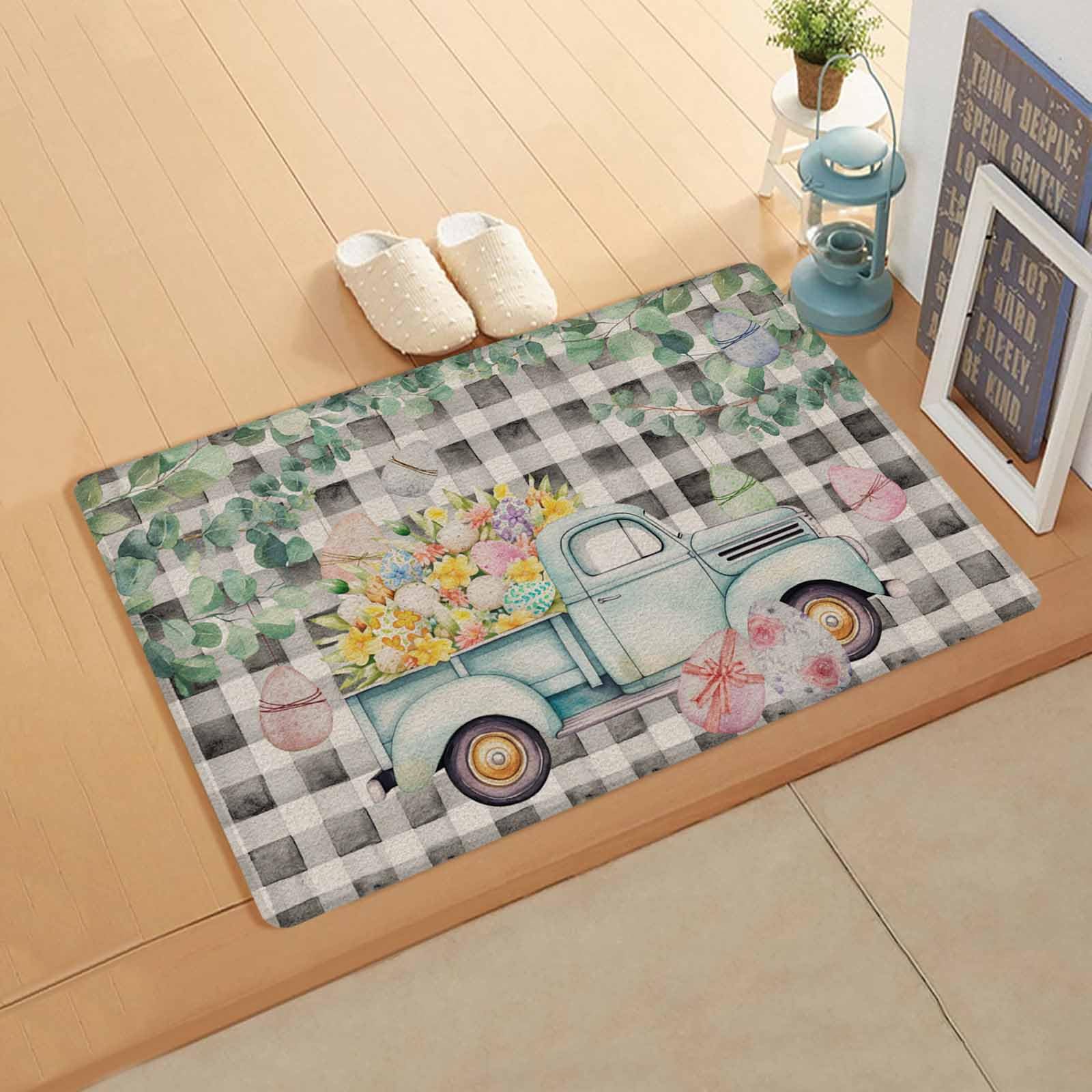 Easter Truck Plaid Kitchen Bath Door Mat Cushioned Runner Rug,Washable Welcome Floor Sink Antifatigue Mat,Waterproof & Non-Slip Comfort Standing Doormat,Eucalyptus Floral Eggs Buffalo Black 18