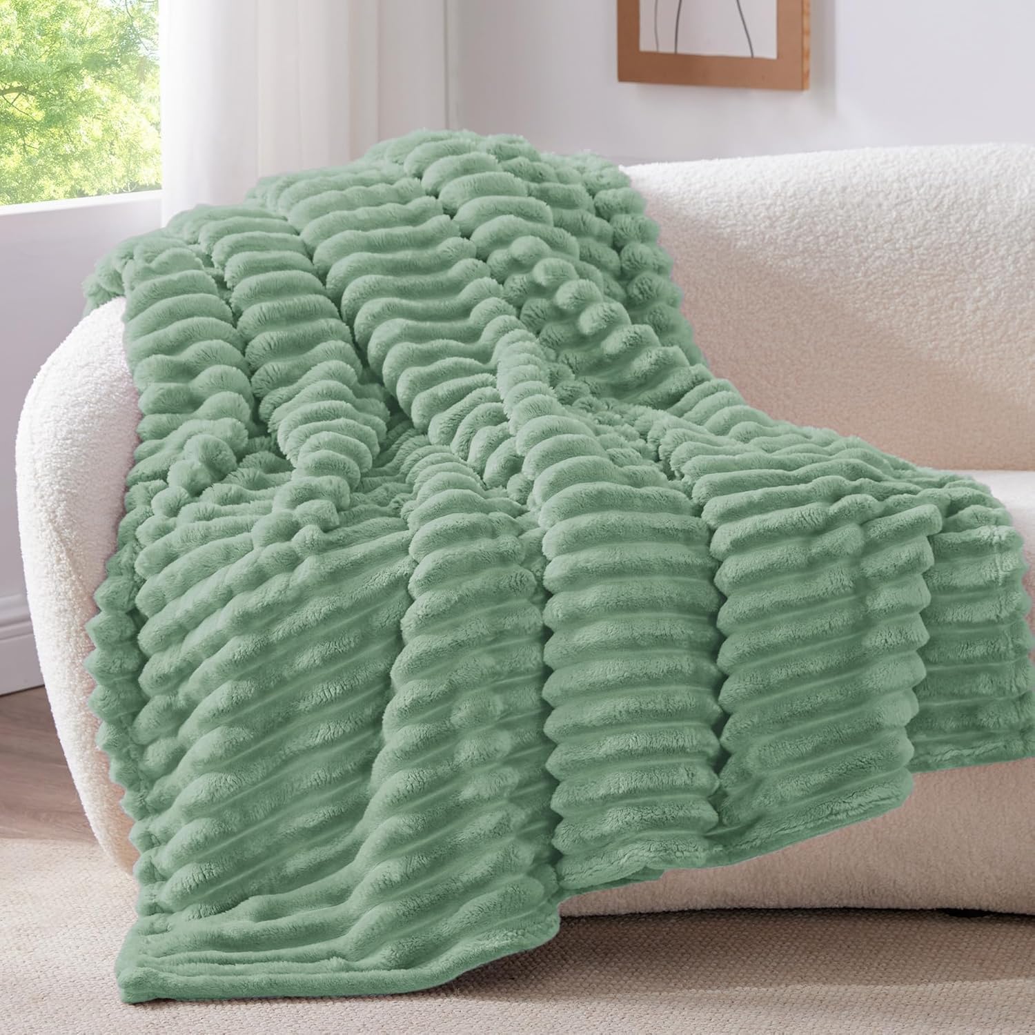 BEDELITE Fluffy Fleece Throw Blanket, Striped Decorative Soft Warm Gift for Sofa Bed Couch, Queen Size, Sage Green