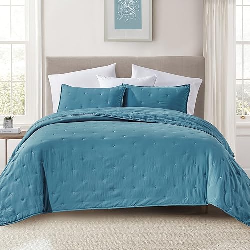 Miniatura 4 de BOURINA Juego de edredón bordado de 3 piezas de gran tamaño Queen de microfibra prelavada, ultra suave, ligero, con bordado de estrellas, color