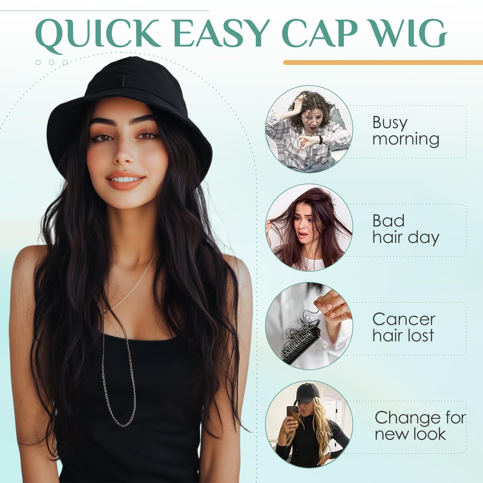 S-noilite Hat Wig for Women Bucket Hat Wig with 18 inch Long Curly Wave Hairstyle Synthetic Hair Extensions - Image 2
