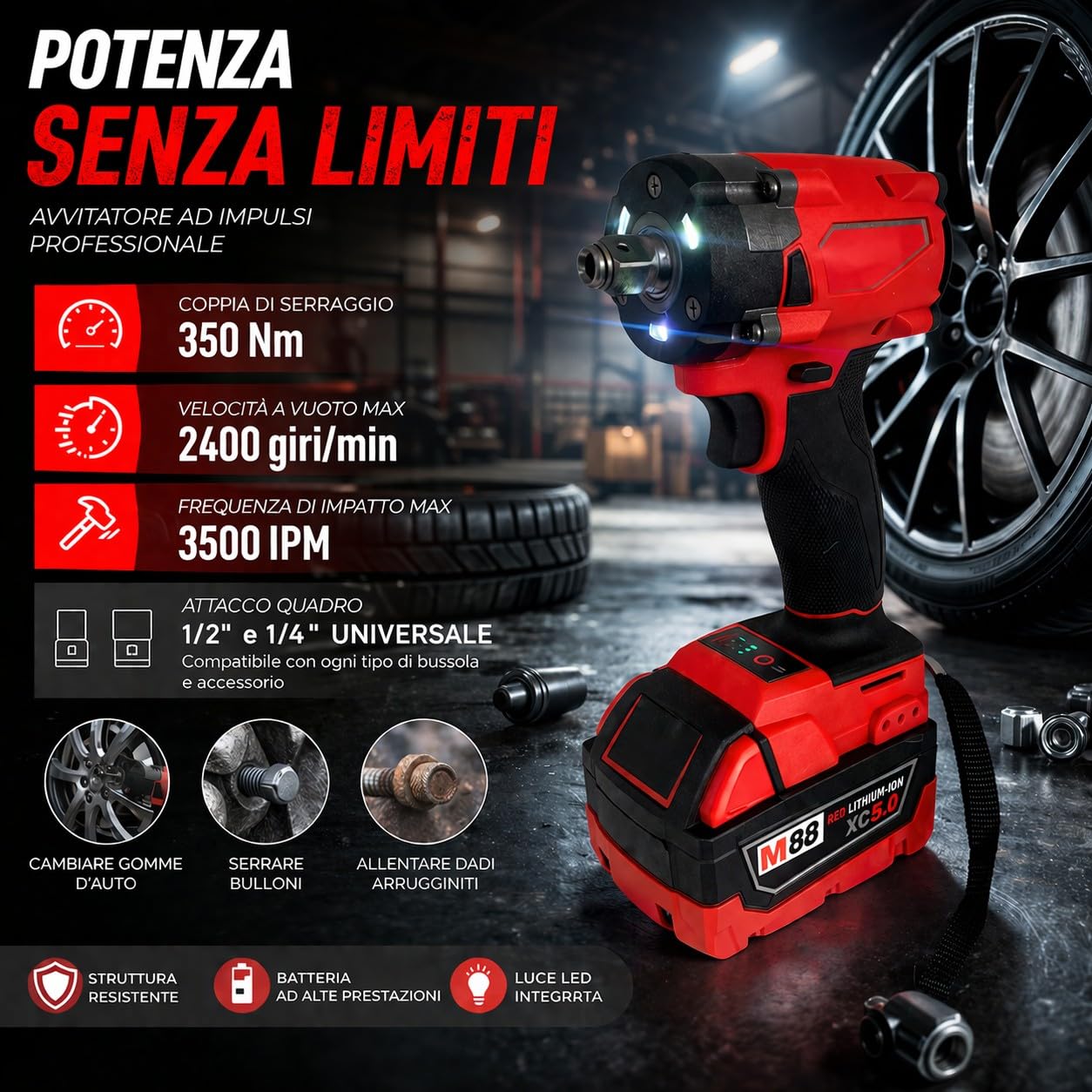 Avvitatore a Impulsi a Batteria 88V 5Ah 350Nm 2400RPM con Attacco Quadro da 1/2" con Motore Brushless e Luce Led Integrata 3 Velocità con 2 Batterie per Auto e Officina