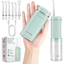 BarberBoss Travel Water Flosser, Pocket Flosser with 3 Pressure Settings, 6 Tips 3 Standard, Orthodontic, Periodontal, Tongue Cleaner, Portable Cordless Oral Irrigator, QR-7115 Green | 3 Pressure Settings, 6 Tips 3 Standard, Orthodontic, Periodontal, Tongue Cleaner, IPX8 Waterproof, Portable Cordless