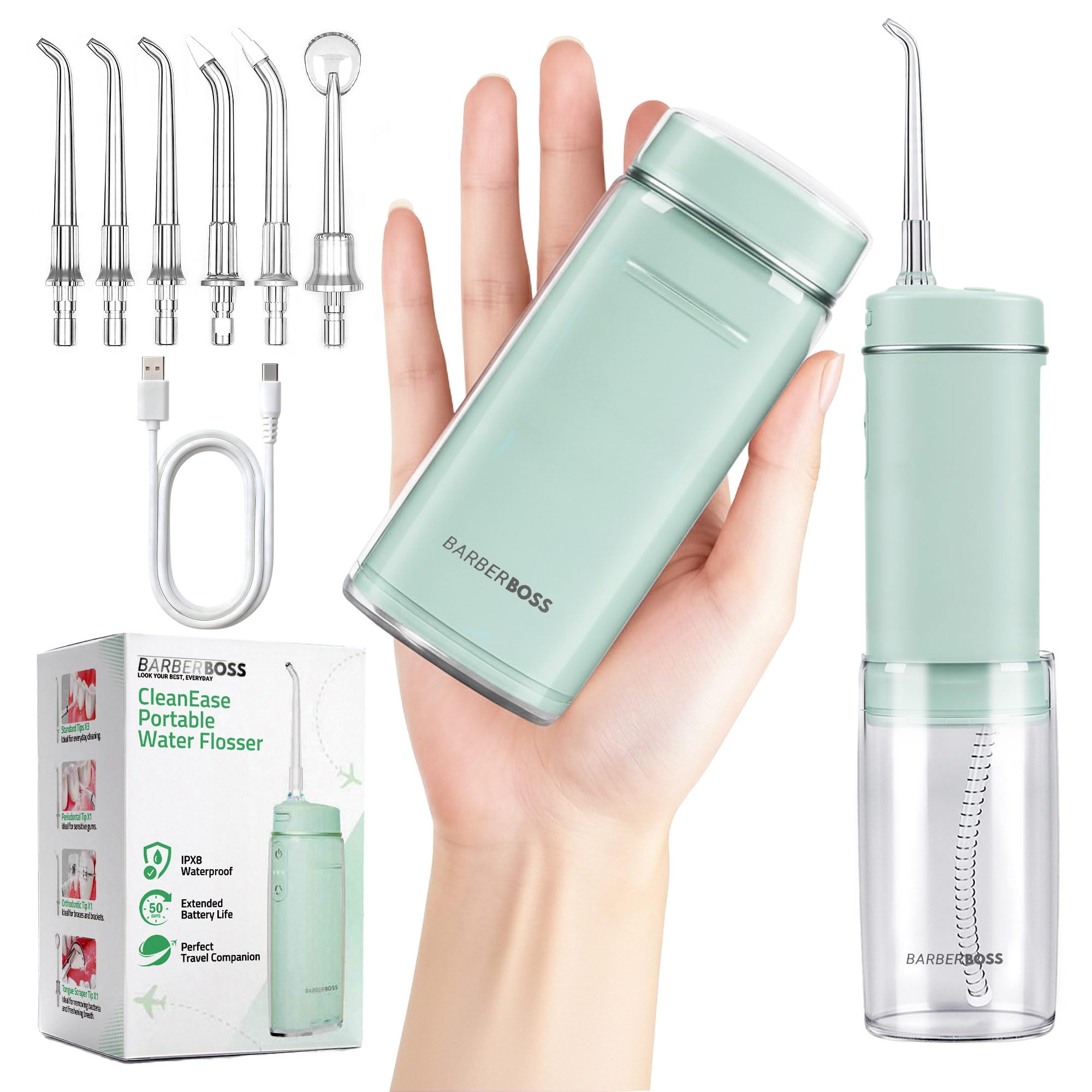 BarberBoss Hydropulseur voyage, hydropulseur poche avec 3 réglages de pression, 6 embouts (3 standard, orthodontique, parodontal, nettoyeur langue), irrigateur buccal portable sans fil, QR-7115 (vert)