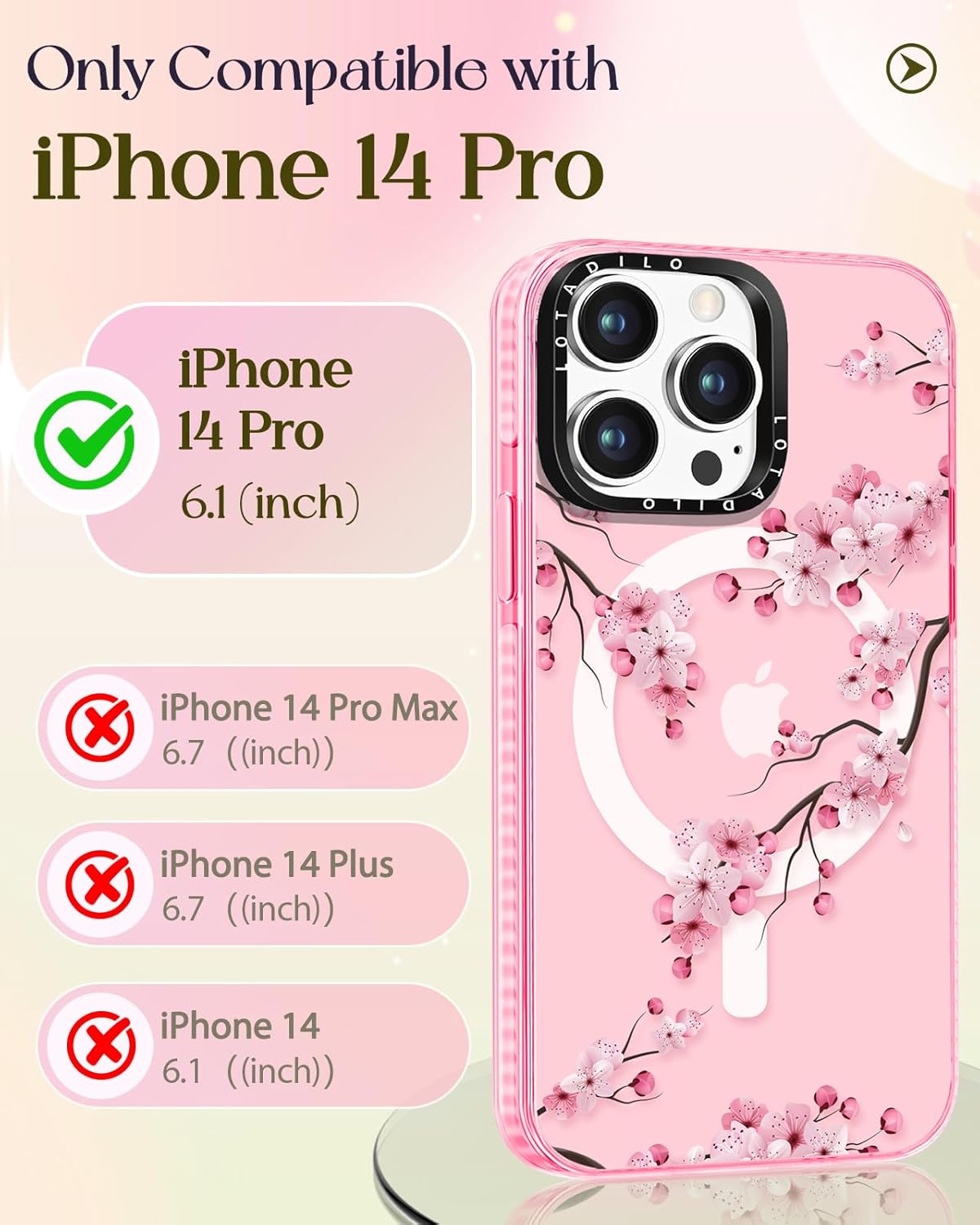 for iPhone 14 Pro Case for Women - Girls Kawaii Design Compatible with Magsafe Magnetic Ring Holder Stand Peach Blossom Phone Covers Aesthetic Girly TPU Funda for 14 Pro - Image 2