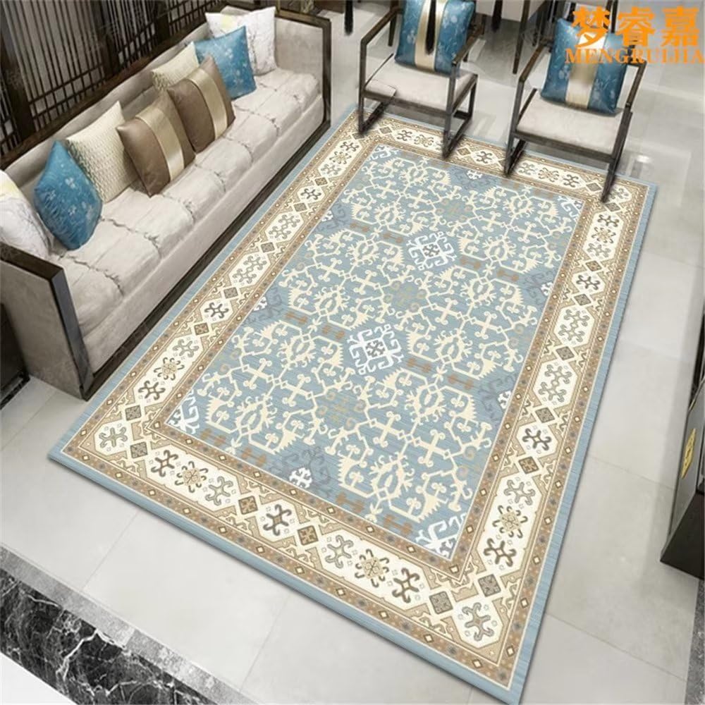 Tapis de chambre garçon bleu floral et géométrique 140x200