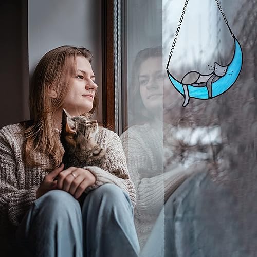 Miniatura 7 de BOXCASA Atrapasoles hecho a mano con diseño de gato en luna gris para colgar en la ventana para amantes de los gatos, día de la madre para mujeres,