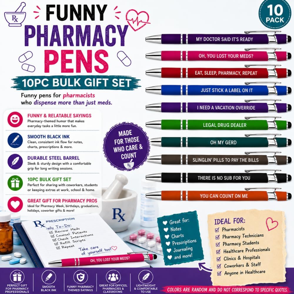 10PC Funny Pharmacy Pharmacist Steel Pens Bulk Set Writing Ballpoint Pen Appreciation Gifts for Pharmacists Pharma Tech Pharmaceutical Students School Supplies Healthcare Staff Work Office Accessories image 2