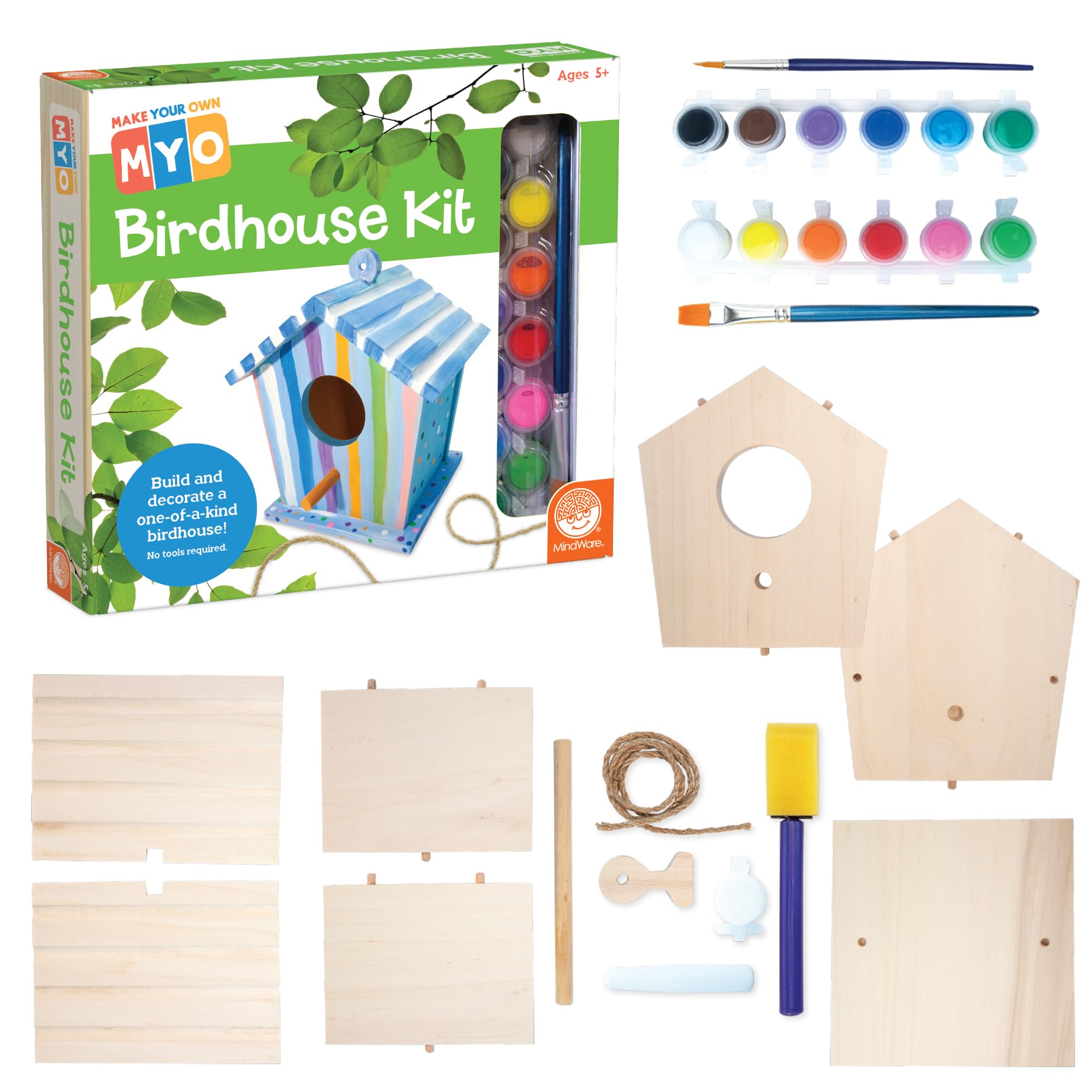 MindWare Make Your Own Birdhouse Kit - Wood Art Kit for Kids - Includes Pre-Cut Wood Pieces and Art Supplies to Assemble and Paint Your Own Bird House - Ages 5 and Up