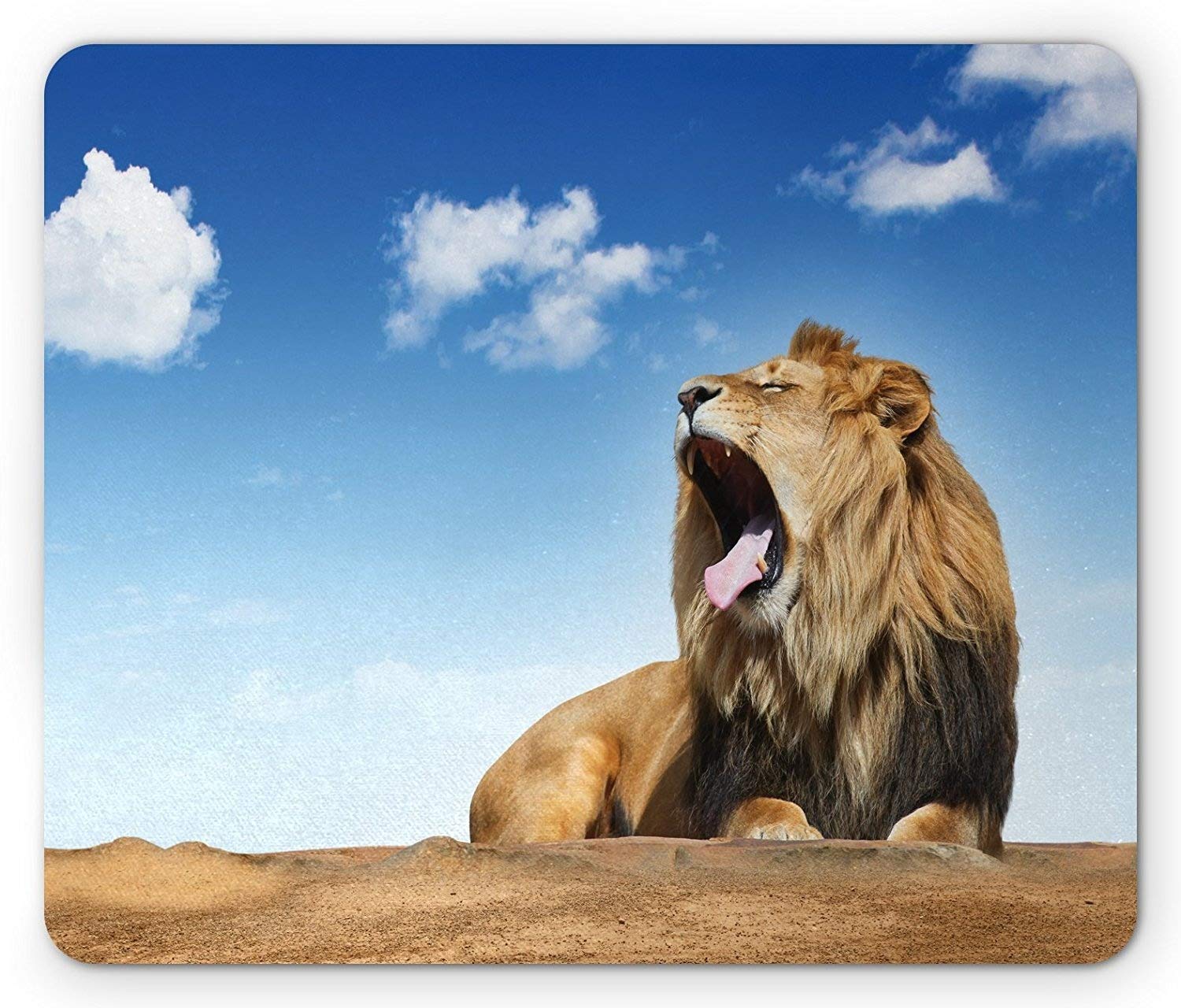 Safari Mouse Pad, Roaring Yawning Lion Under Clear Sky Summertime Sunny Day African Animal, Standard Size Rectangle Non-Slip Rubber Mousepad, Light Brown Blue White