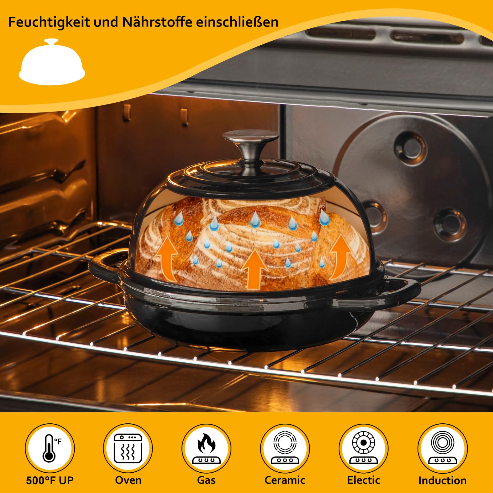 Velaze Gusseisen Topf Brot Backen, 4,8L Emaille Schmortopf mit Deckel und Griffen, 26 cm Brotbacktopf, Bräter Gusseisen, Dutch Oven für Küche Backen Schmoren & Braten (Schwarz)