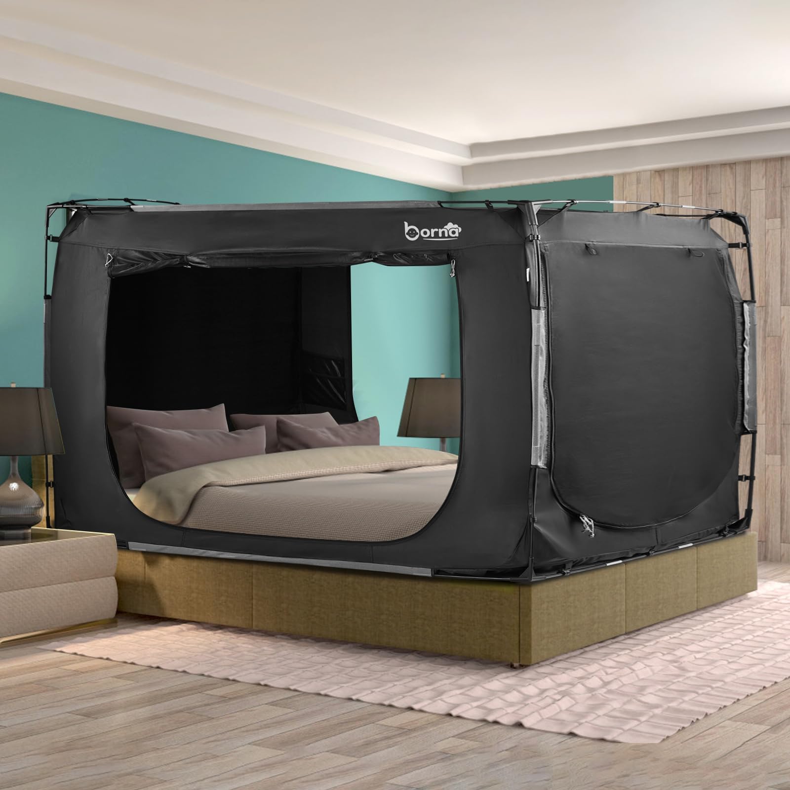 BORNA Bed Tent Bed Canopy Queen Size, Portable Sleeping Tents Dream Tents Indoor for Kids and Adult, Breathable Privacy Space on Bed with Three Doors (Mattress Not Included)