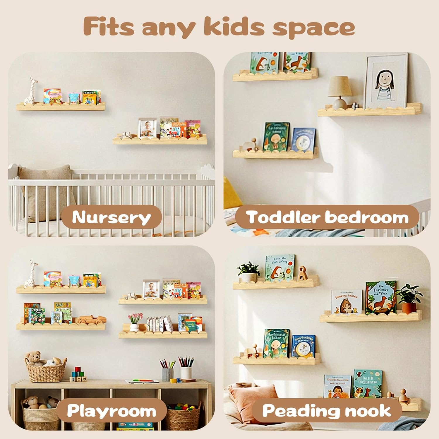 Nursery Floating Shelves for Kids Room, 2 Pack 23.6 Inch Natural Wood Wall Shelves with Scalloped Edge, Kids Bookshelves for Toddler Bedroom, Playroom, Baby Nursery Decor