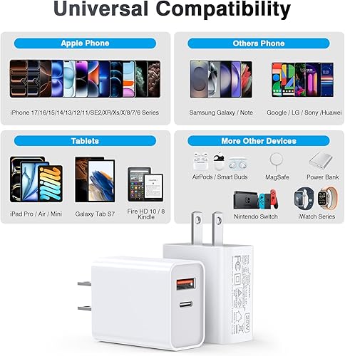 Miniatura 3 de Bloque de cargador de pared USB C de 20 W, paquete de 3 unidades de doble puerto PD de suministro de energía rápida tipo C, adaptador de enchufe