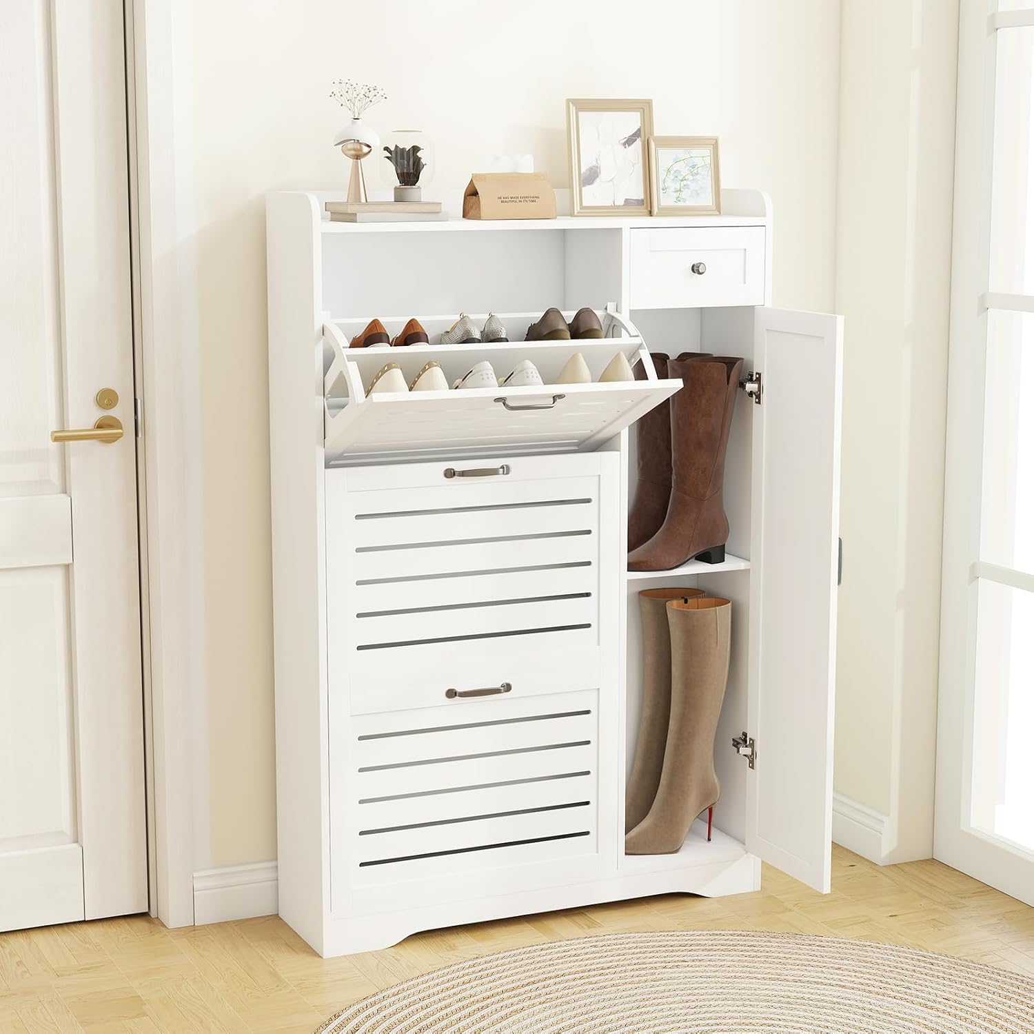 Narrow Shoe Storage Cabinet with 3 Flip Drawers, Doors & Adjustable Shelves, Slim Shoe Rack Cabinet for Entryway Closet, Deodorizing Wooden Boot Storage Organizer Freestanding Hidden, White