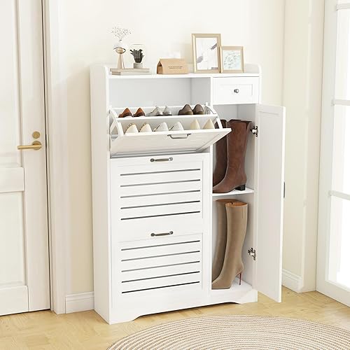 Armario estrecho de almacenamiento de zapatos con 3 cajones abatibles, puertas y estantes ajustables, armario delgado para armario de entrada,