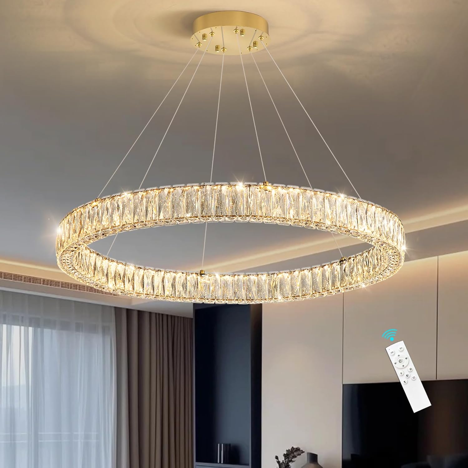 HAIXIANG Modern Crystal Chandelier Dimmable LED Ring Pendant Chandeliers Light Adjustable Glam Hanging Lighting Fixtures for Dining Room Living Room Bedroom Gold Light