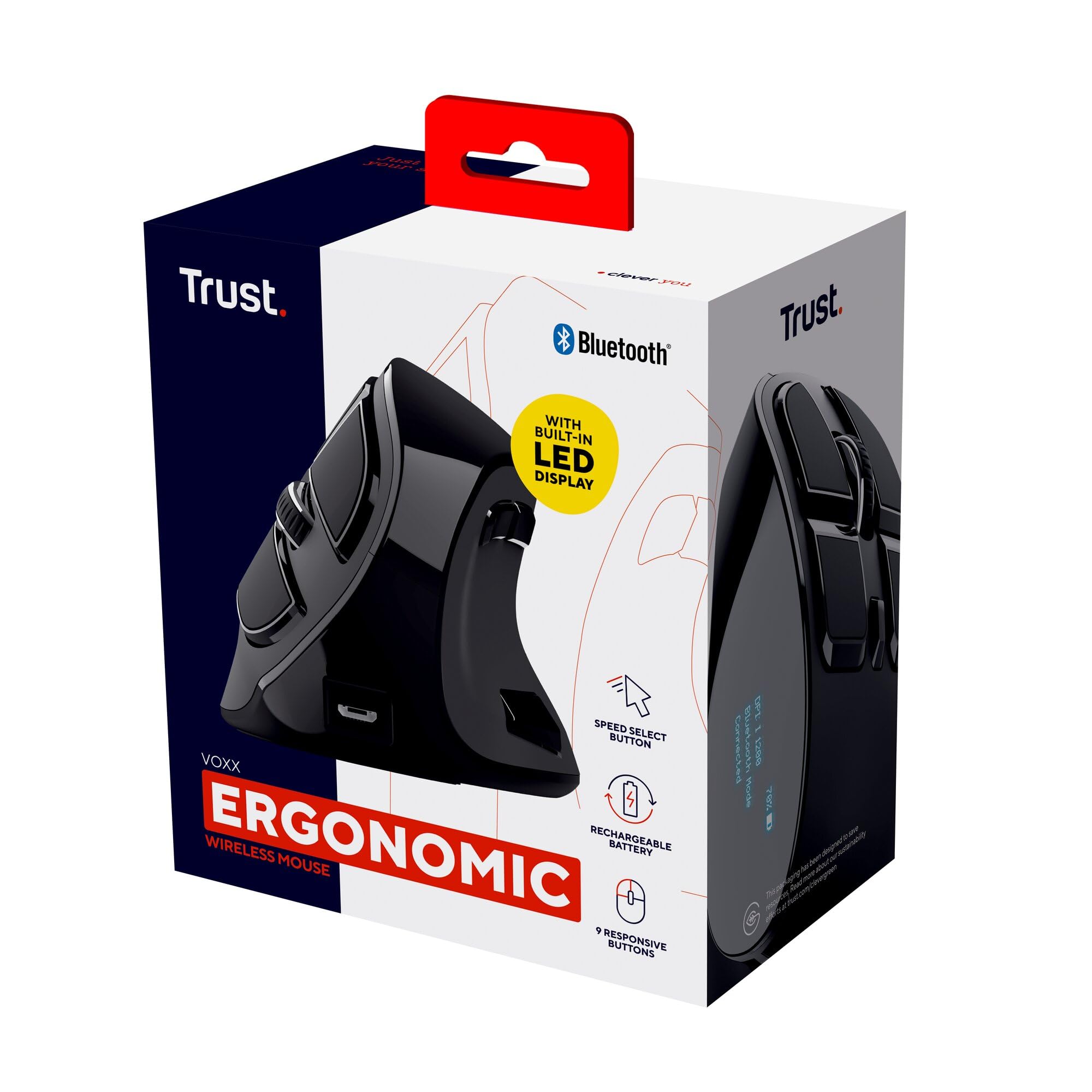 Trust Voxx Mouse Verticale Wireless Ricaricabile Bluetooth o 2.4 GHz, Mouse Ergonomico Senza Filo Programmabile, 9 Pulsanti, Display LED, 1200-2400 DPI, Mac PC Macbook Laptop Chromebook - Nero