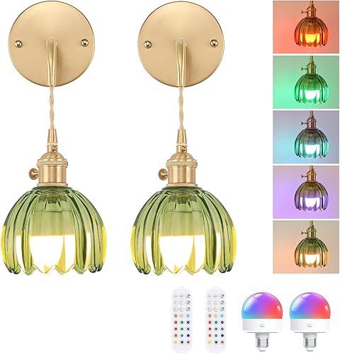 Miniatura 20 de Lámpara de pared vintage con pantalla de cristal de tulipán ámbar, aplique de pared colgante con cable de enchufe de 4.9 pies, lámpara de pared