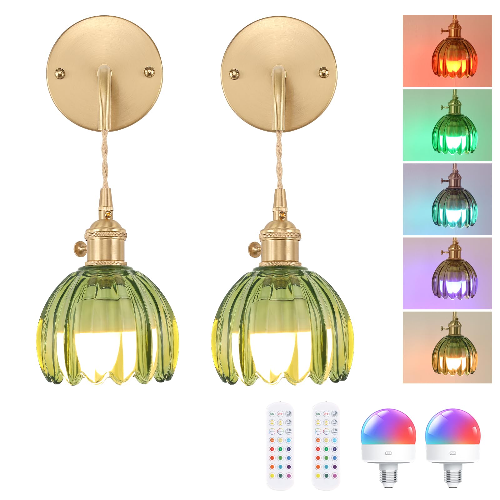 Shenmoyl Battery Operated Wall Light Set of 2, Rechargeable Wall Lamp Indoor with Adjustable Cord, Vintage Wall Sconce Decor for Bedside Living Room Bedroom Bathroom, Tulip Green