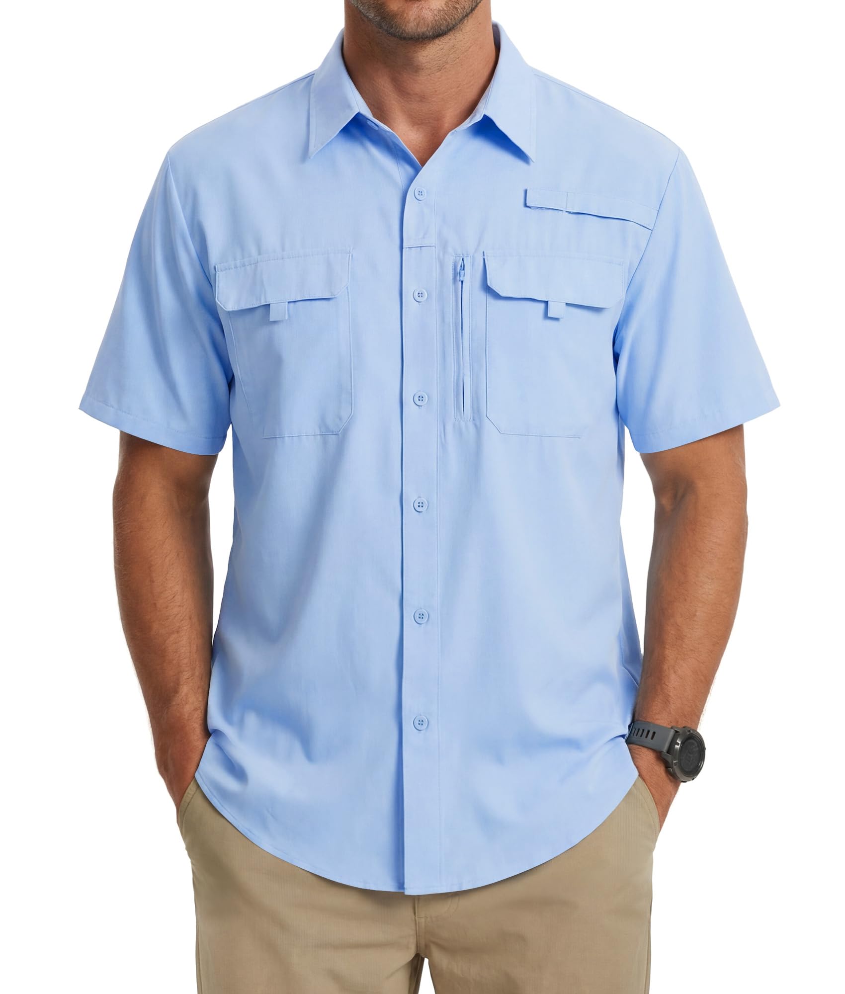 Camicia da uomo a maniche corte con protezione UV UPF 50+, leggera, ad asciugatura rapida, con bottoni, per attività all'aperto, escursionismo, pesca, viaggi, safari