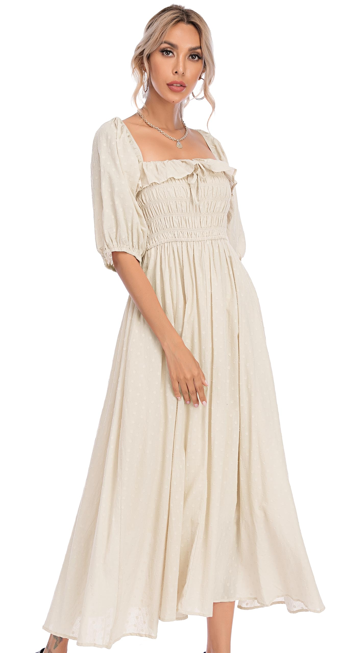 R.Vivimos Robes à Demi-Manches Slim à Pois pour Femmes col carré Robe Midi Longue(S,Beige)