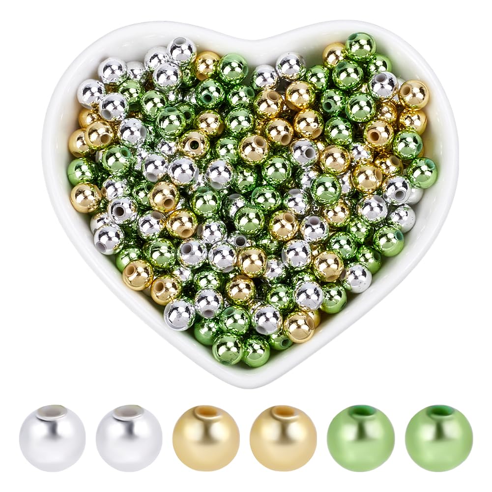 SOFPLATE 1 Box 1500Pcs 3 Colors St. Patricks Day Beads St Patricks Beads 6mm Gold Silver Green Plastic Metallic Holiday Party Round Spacer Beads for Jewelry Making Necklace Bracelet DIY Home Crafts
