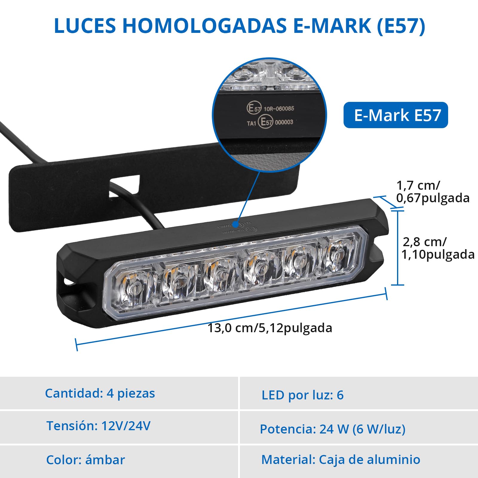 Kit 4x luces estroboscópicas 6LED 12V/24V, Luces de Emergencia Homologada E57, luces de emergencia, señalización ámbar IP65 para camiones,8 Modo de Flash, furgonetas y vehículos de trabajo