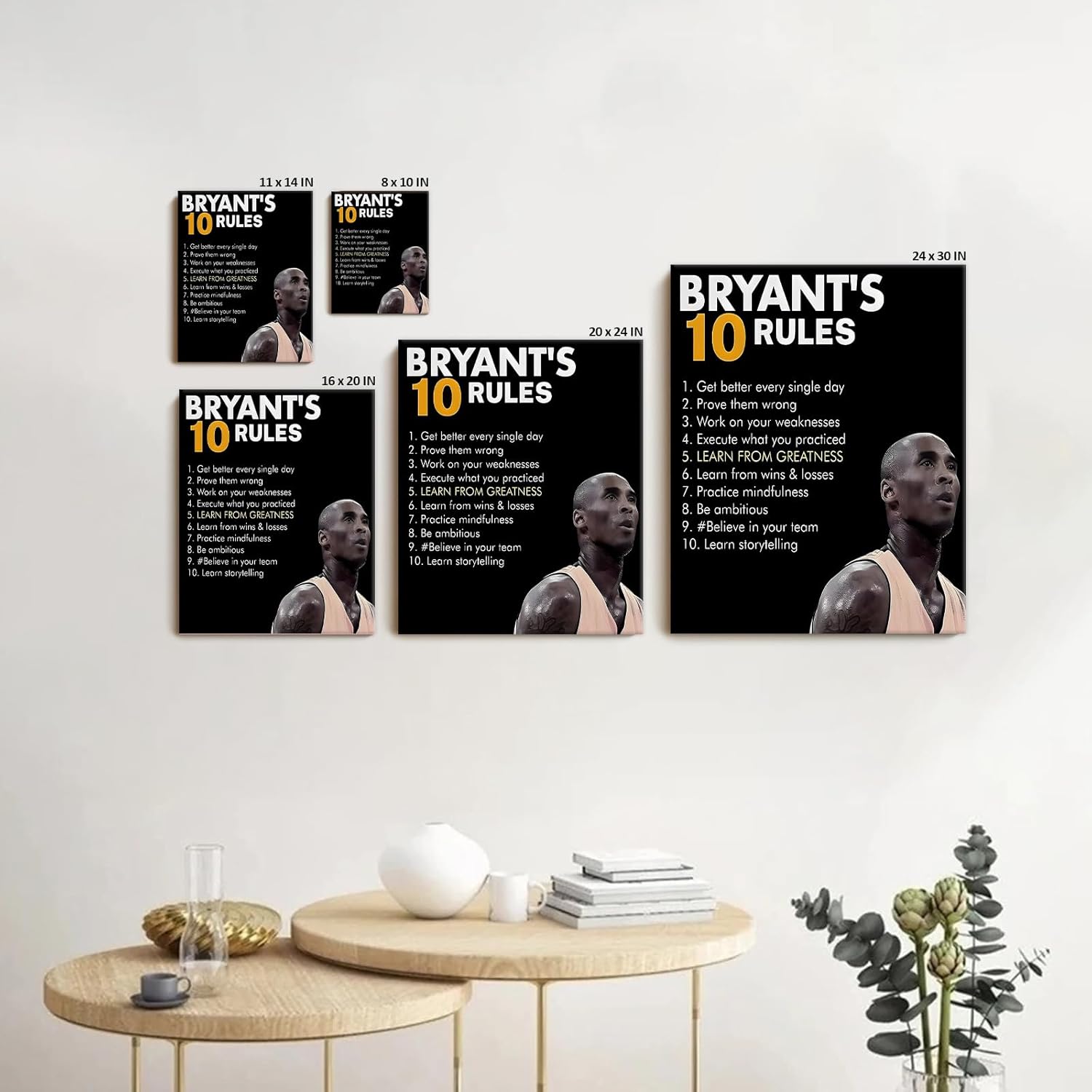 Kobe Bryant Canvas Wall Art Decor - Inspirational "Bryant's 10 Rules" Poster, Motivational Basketball Artwork for Home, Office or Gym Wall Decor 12x16