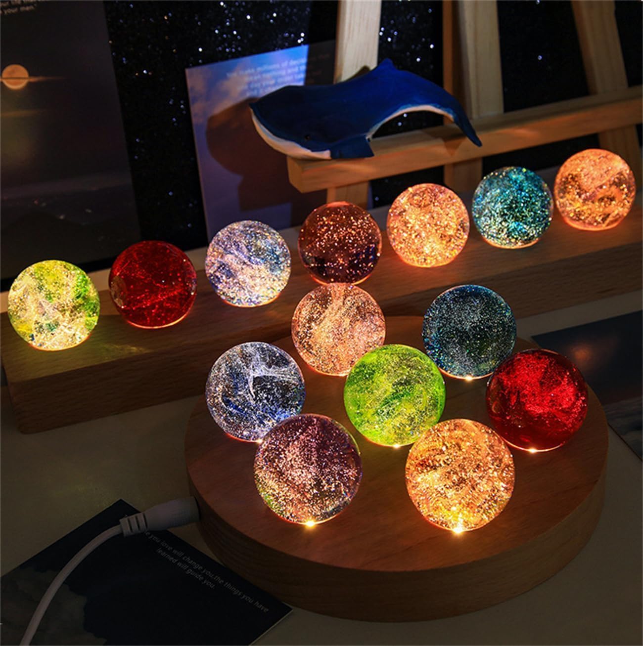7 Core Memories Lamp - Healing Crystals & Chakra Stones Gift Set, Crystal Ball Night Light & Meditation Room Decor, Planet Crystal Balls with 7-Color Glowing Orbs (40mm) (Rectangular)