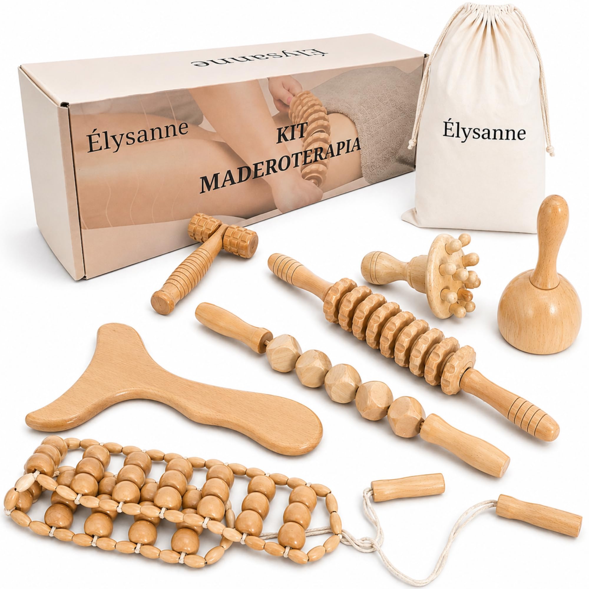 Maderoterapia Corporal Kit 7 Piezas – Anticelulitis y Drenaje Linfático – Rodillos de Madera, Copa Sueca y Tabla Moldeadora – Masaje Reductor Abdomen, Piernas y Glúteos + Bolsa