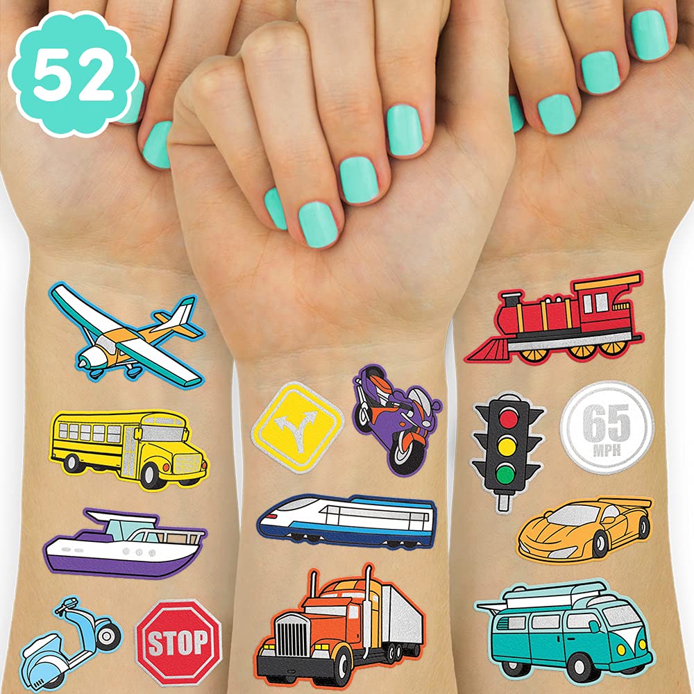 xo, Fetti Car + Transportation Party Supplies Temporary Tattoos - 50 Metallic Styles | Helicopter Birthday, Train, Bus, Boat, Racecar, + Truck