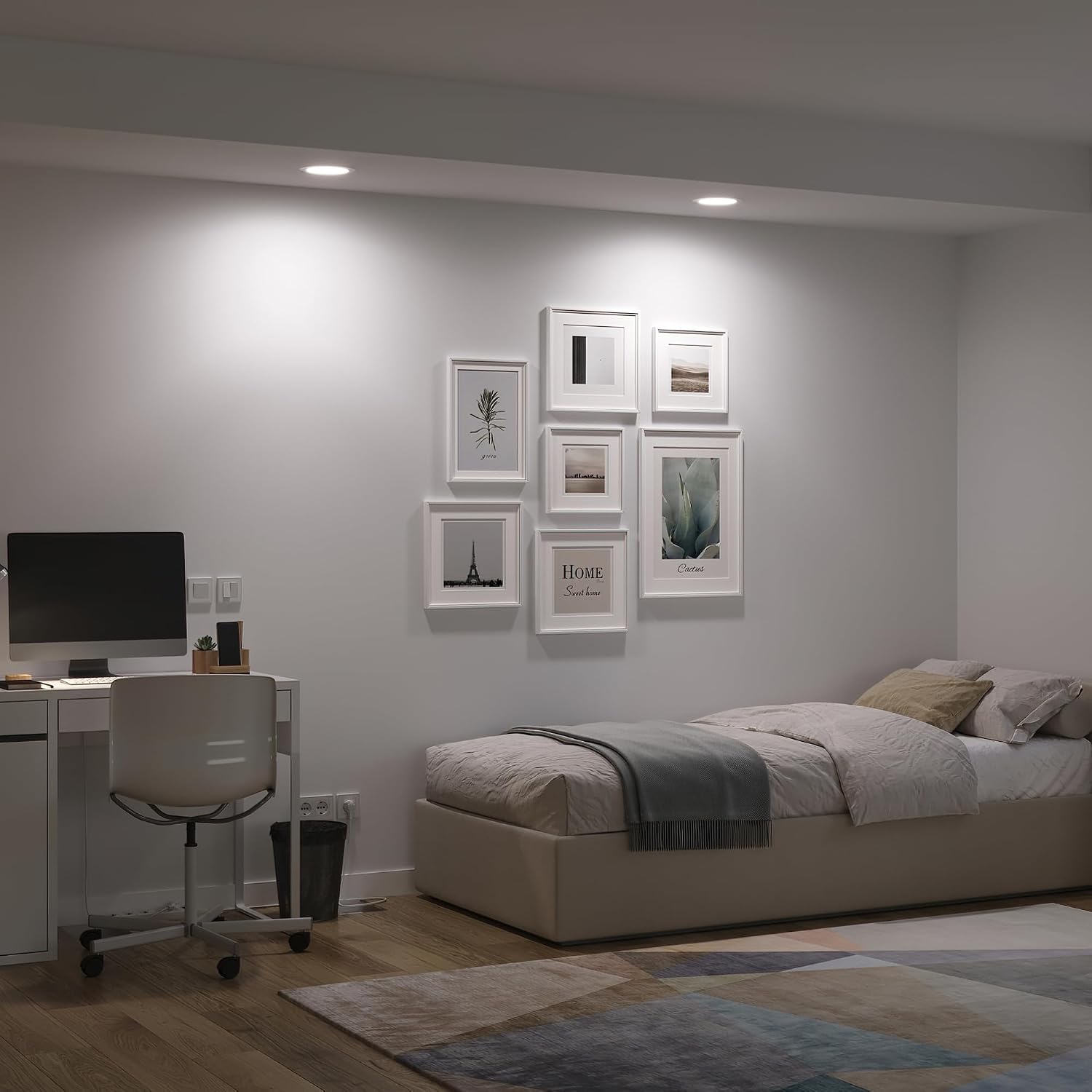 Philips DL262 LED downlight installed in a modern bedroom with white walls and minimalist furniture, providing warm, even illumination.