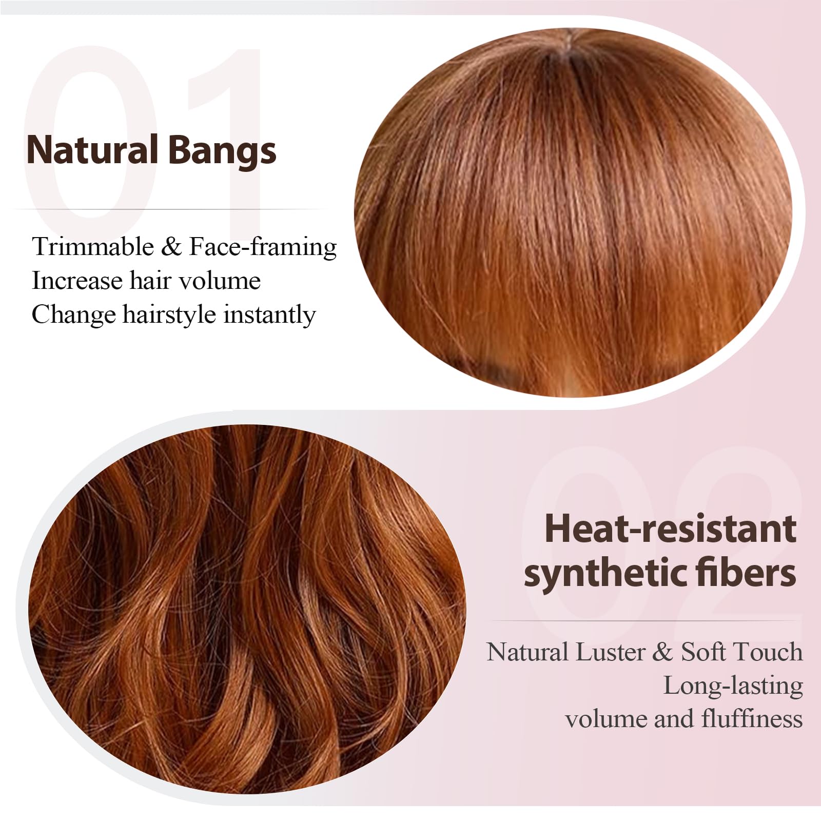EMMOR Perruques Ombré Auburn pour Femmes Perruque Longue et Bouclée avec Frange en Fibres Synthétiques Résistantes à la Chaleur Perruques Quotidiennes d'Aspect Naturel