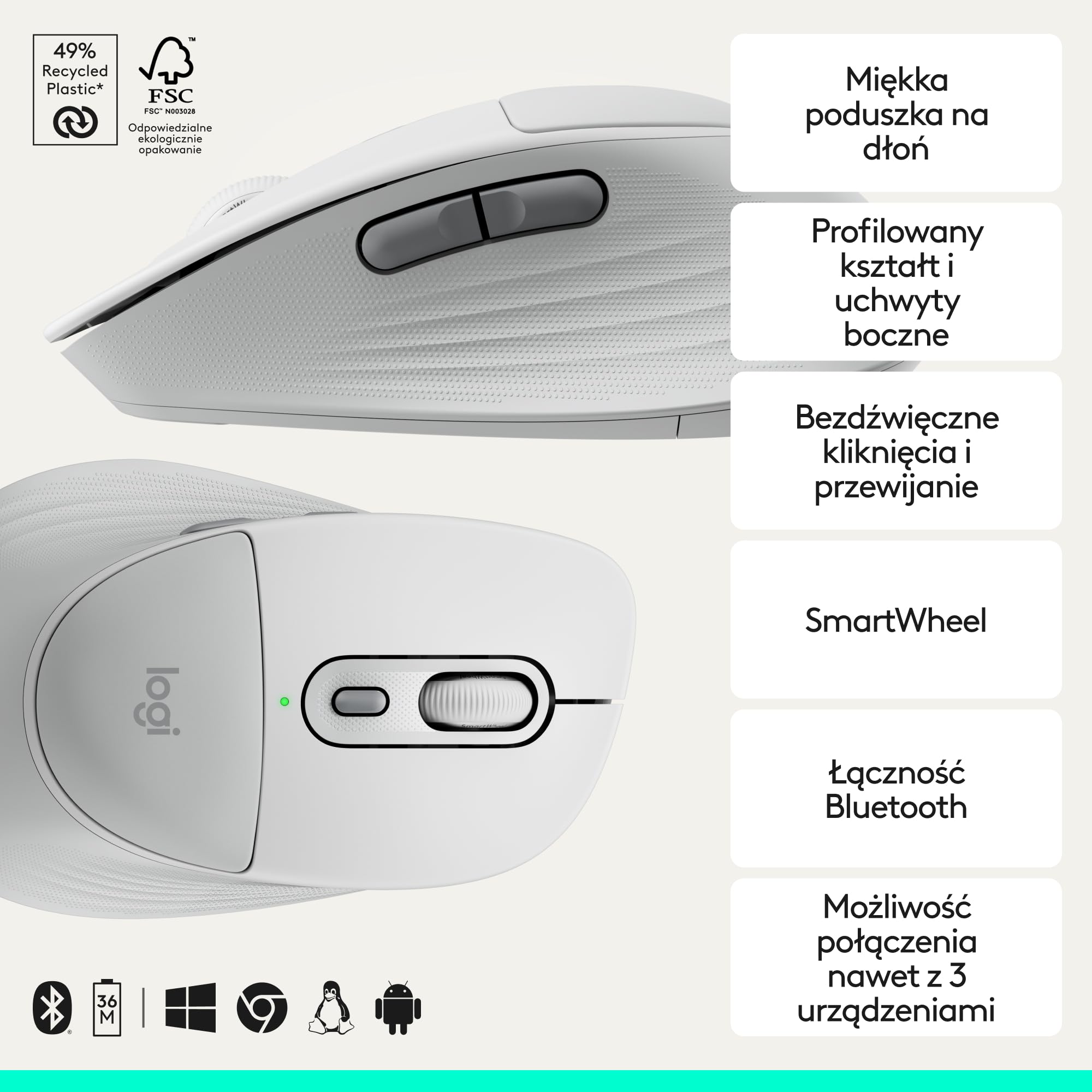 Logitech Signature Comfort Plus M850 L, bezprzewodowa mysz, mysz Bluetooth z poduszką na dłoń, bezdźwięcznymi kliknięciami, 24-miesięczną baterią, konfigurowalnymi przyciskami,Windows,Mac, iPad -Biały