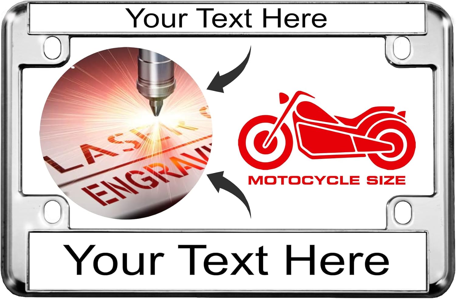 Motorcycle Personalized Chrome Metal (Zinc) Laser Engraved Standard Size License Plate Frame with Custom Text Design - White/Black Text