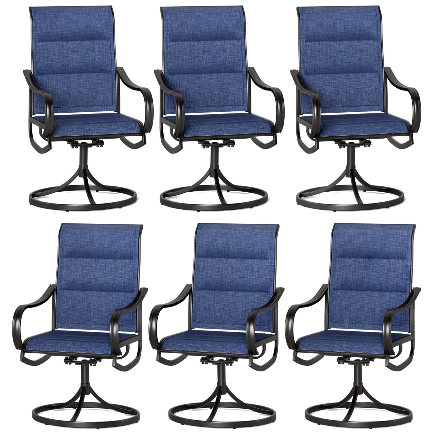PHI VILLA Patio Swivel Dining Chairs Set of 6, All Weather Outdoor Chair with Padded Textilene & Black Metal Frame for Outdoor Lawn Garden Poolside (Blue)