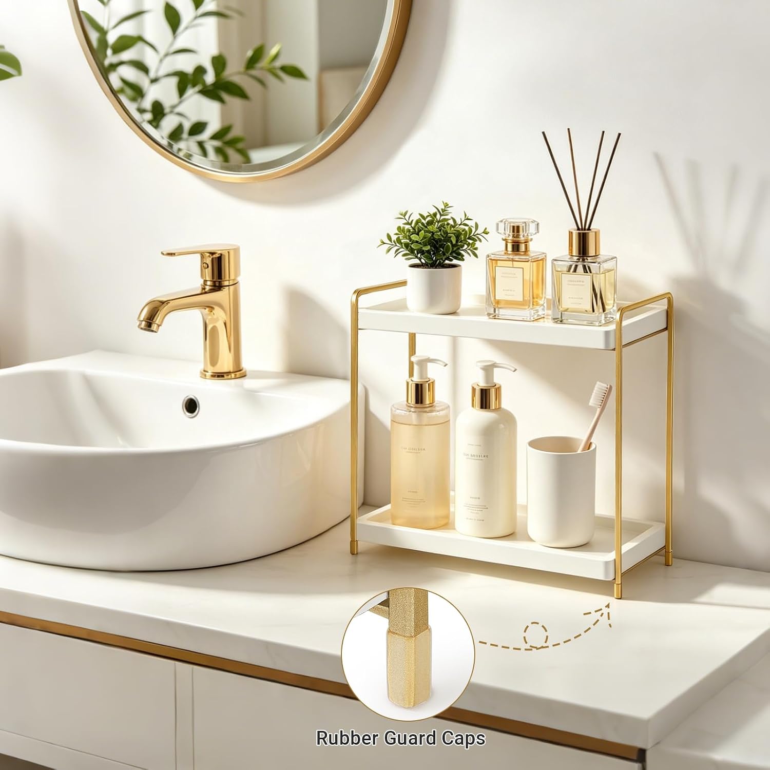 Mkono Bathroom Counter Organizer, 2 Tier Countertop Bathroom Decor Wood Storage Sink Shelf for Vanity Kitchen Coffee Station Home Office, Makeup Tray for Cosmetic Skincare Perfume, Gold and White