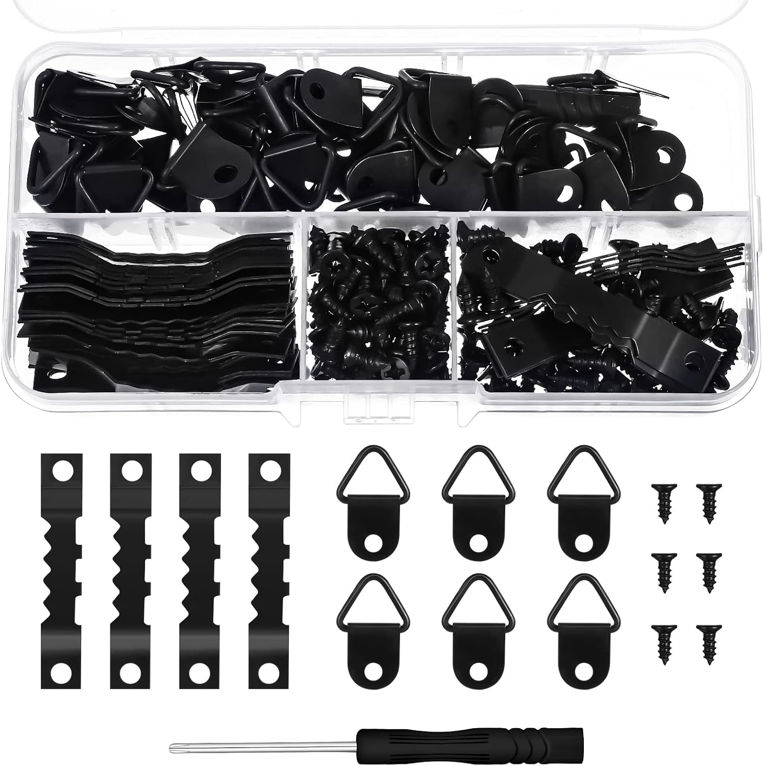 FRIUSATE 251 Pcs Picture Hanging Kit - 50 Pcs Sawtooth Frames, 50 Turn Buttons, 150 Screws, 1 Screwdriver for Hanging Photos, Artwork