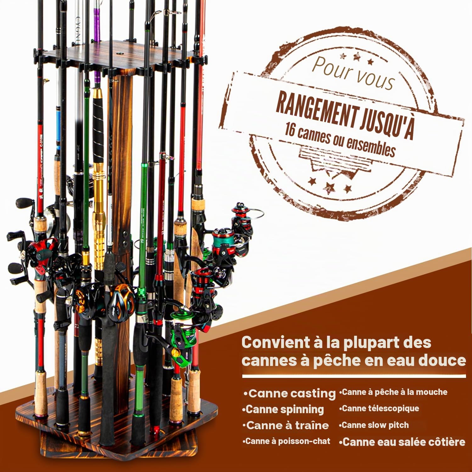 Ghosthorn Support de canne à pêche pour garage rotatif à 360 degrés, support de sol pouvant contenir jusqu'à 16 cannes à pêche en bois, cadeau de pêche pour homme et femme