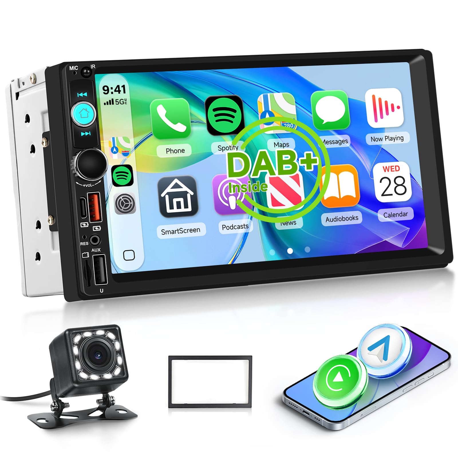 Hodozzy DAB/DAB+ Autoradio 2 Din Wireless Carplay Android Auto mit 7 Zoll IPS Bildschirm, Autoradio Bluetooth Touchscreen mit Videoausgang/RDS/FM/USB/AUX/TF+Rückfahrkamera