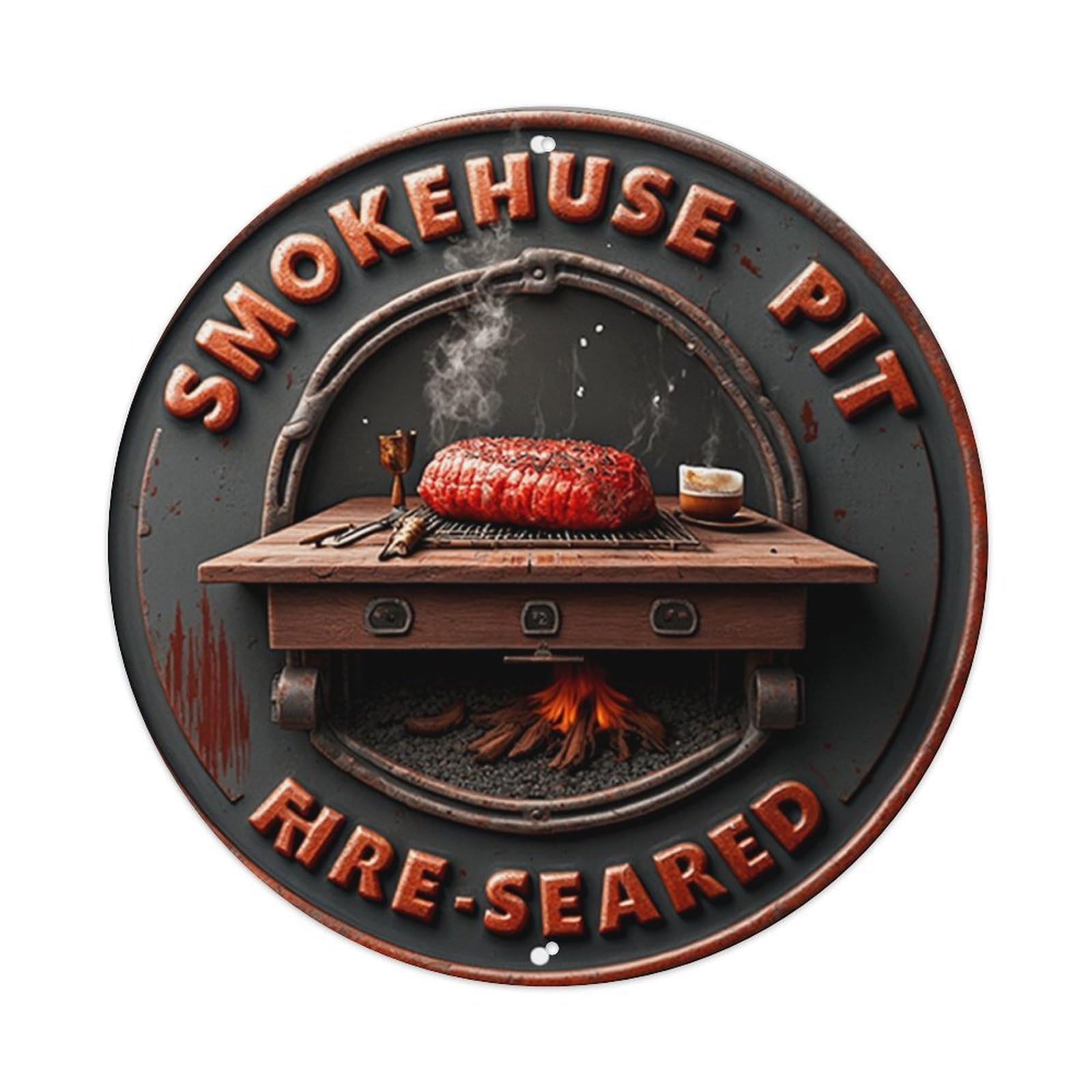 Smokehouse Pit Fire Seared Meat Grilling Retro Metal Sign Round Tin Sign, Vintage Decor Art Poster for Bar, Home, Man Cave, Kitchen, Laundry Room Gift 8x8Inch