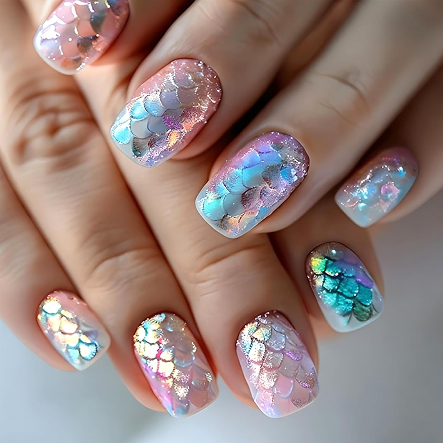 Mermaid Press on Nails - Gradient Colorful Fake Nails