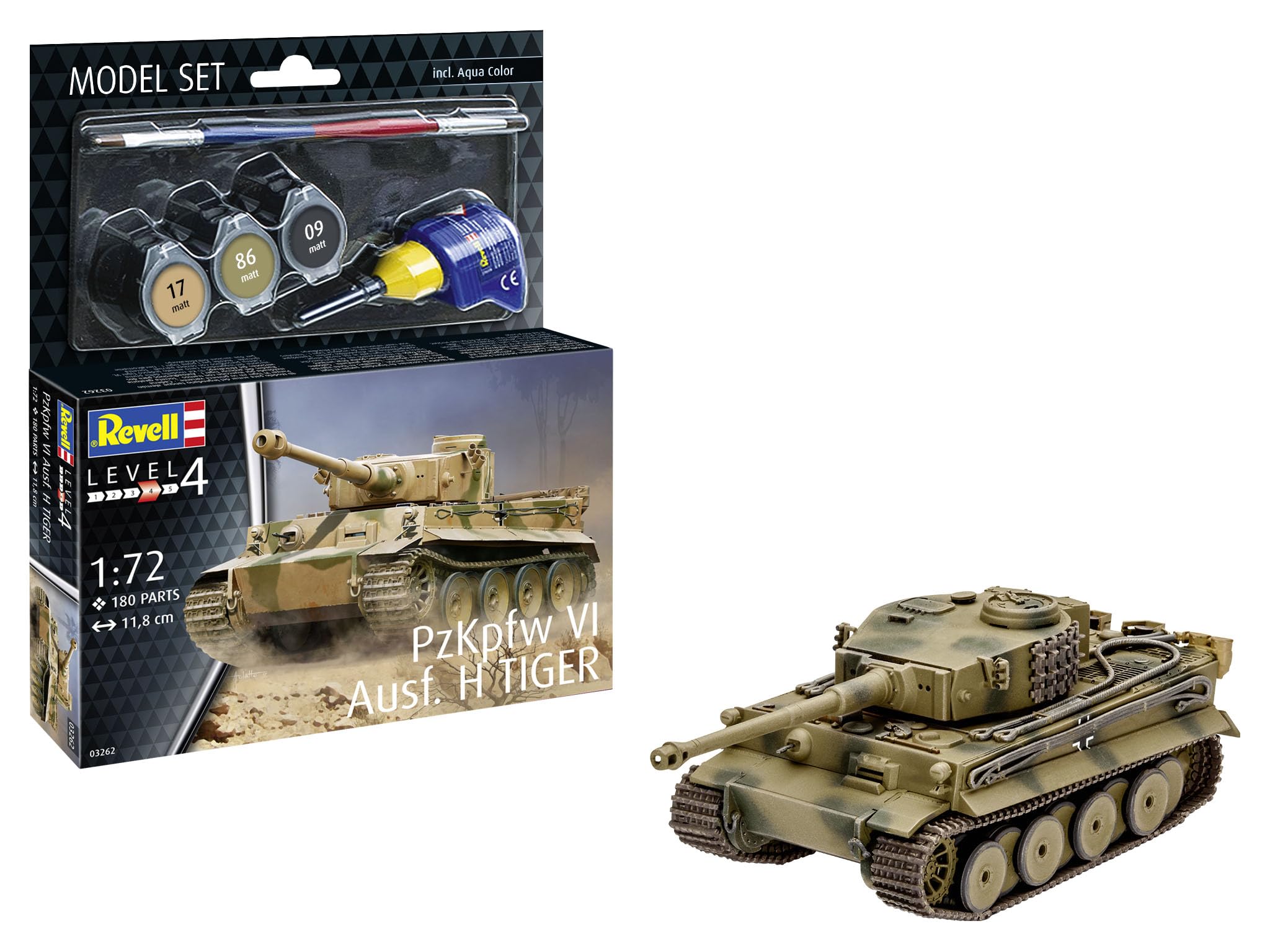 Revell Model Set 63262 PzKpfw VI Ausf. H Tiger Tank 1:72 Scale Unbuilt/Unpainted Plastic Model Kit with Accessories
