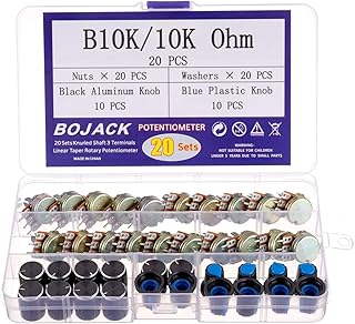 BOJACK 20 Sets B10K Knurled Shaft 3 Terminals Linear Taper Rotary Potentiometer(WH148)10K Ohm Single Turn Carbon Film Variable Resistor with Black Aluminum & Blue Plastic Knobs Kit